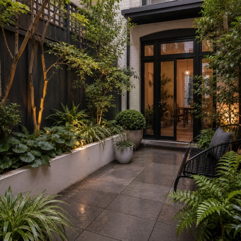 Sheltered courtyard garden behind a city terrace in the Sydney CBD
