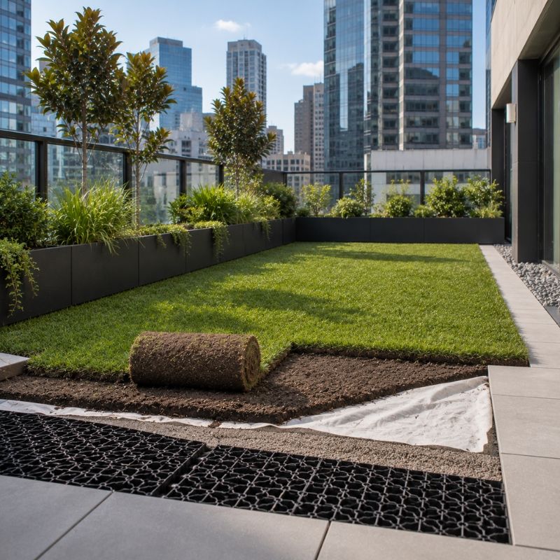 Rooftop lawn laid over drainage cells and light growing medium in the Sydney CBD