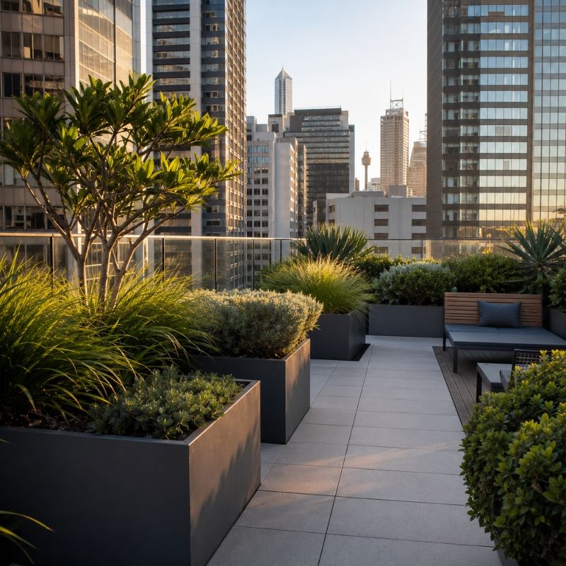 Rooftop planter garden exposed to wind between city towers in the Sydney CBD