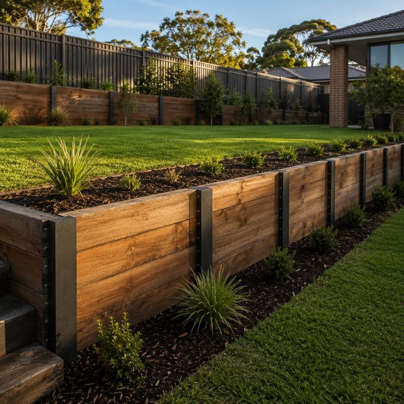 Sleeper retaining wall on a cut-and-fill new-estate block in The Hills Shire