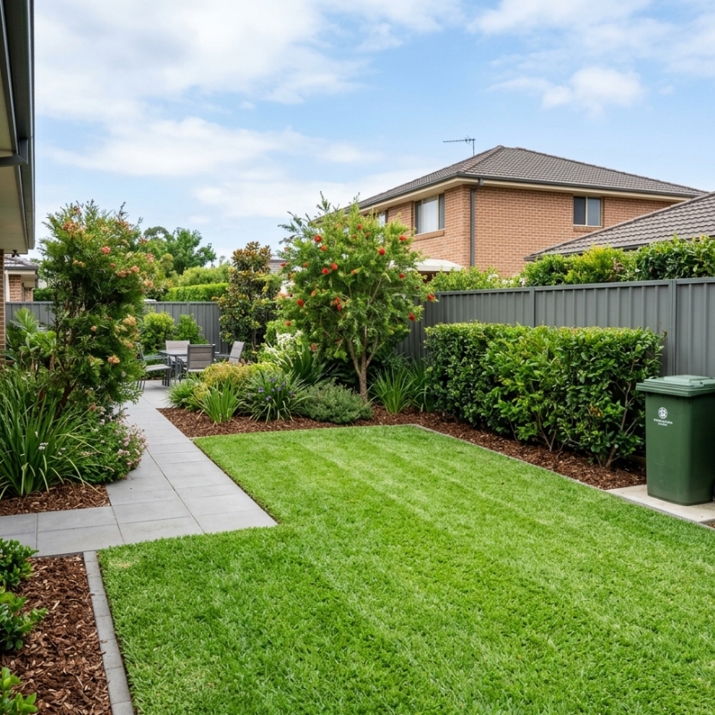 Well-maintained Sydney garden with mowed lawn, trimmed hedges and tidy garden beds