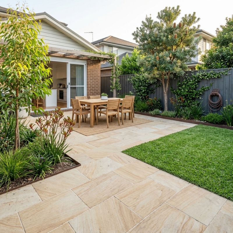 Sandstone paved patio in a Sydney backyard
