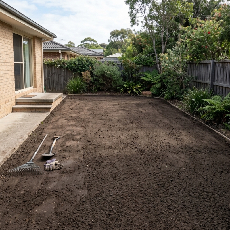 Prepared and levelled Sydney backyard soil ready for new turf