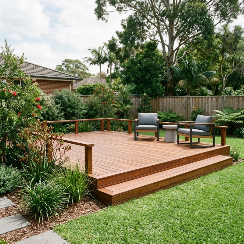 Merbau timber deck in a landscaped Sydney backyard