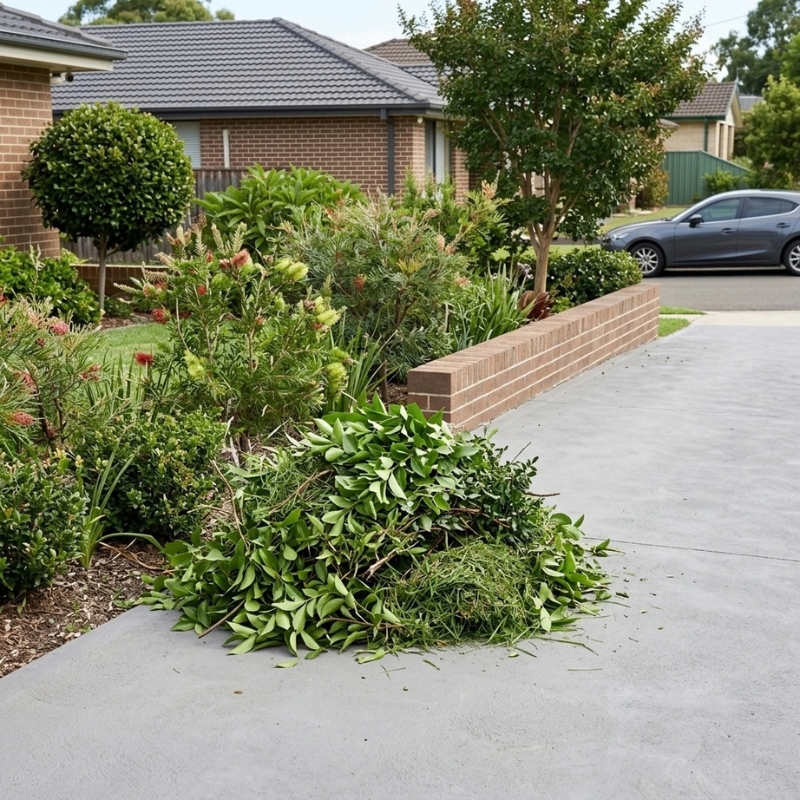 Green waste pile with garden clippings, leaves and branches beside a Sydney driveway
