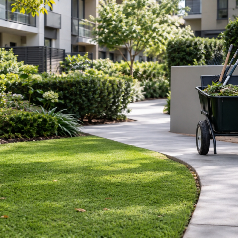 Strata apartment grounds with a neatly maintained lawn, hedges, garden beds and clean shared pathways.
