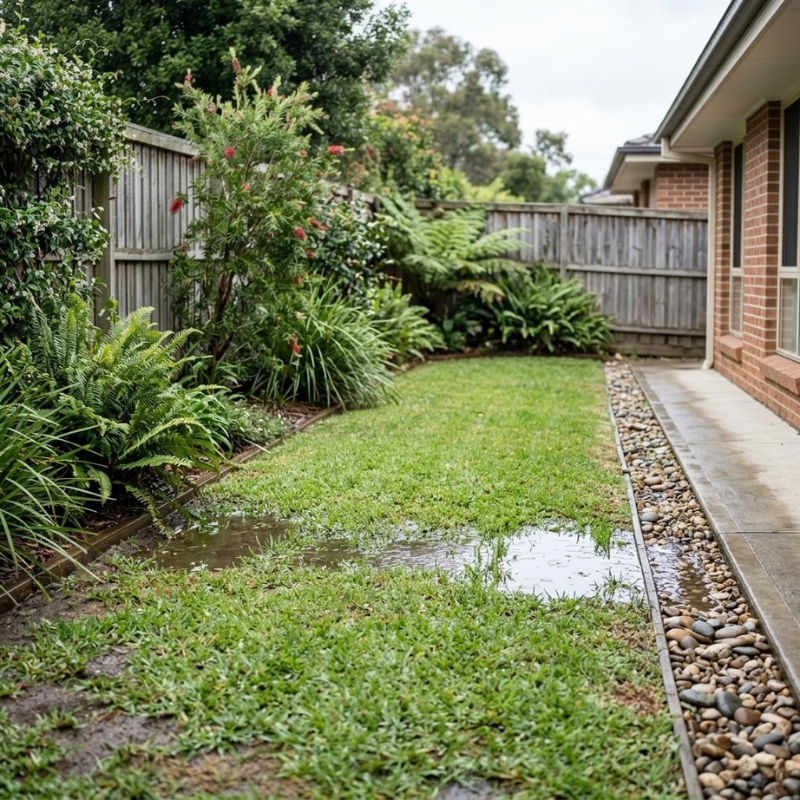 Sydney backyard drainage with standing water after heavy rain